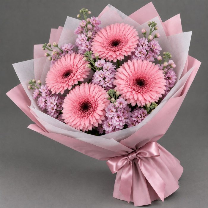 Букет из 5 розовых гербер с маттиолой, фото 2